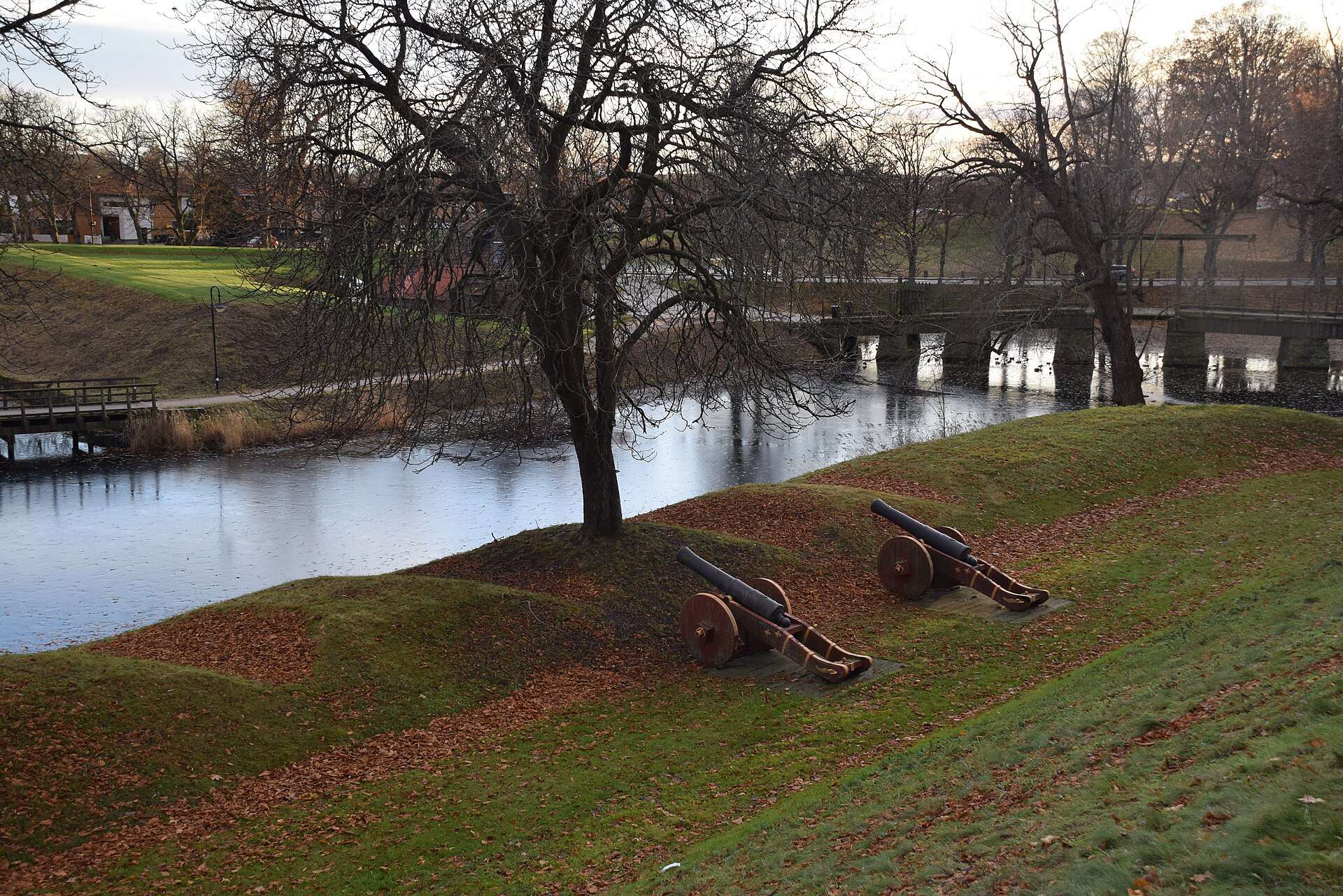 Cannons on the star-fort ramparts above the moat, Gamlebyen Fredrikstad